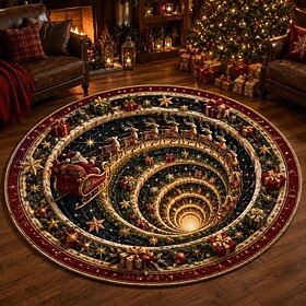 Christmas 3D Vortex Optical Illusion Round Rug, Non Slip Decorative Floor Mat, Festive Visual Trap Design, Xmas Home Decoration Gift for Family and Holiday Par
