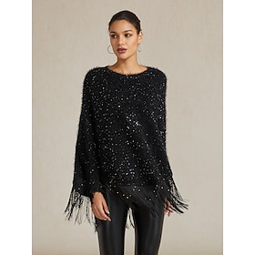 Women's Pullover Sweater Jumper Shrug Cape Casual V Neck Sequins Tassel Long Sleeve Long Tops Knit Daily Party Black Fall