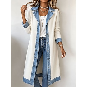 Women's Long Coat Denim Jacket Sun Protection Patchwork Fashion Modern Solid Color Casual Daily Street Short Notch Lapel Long Sleeve Outerwear Blue White Black