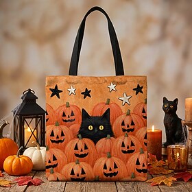 Women's Halloween Cat Print Tote Bag, Polyester Large Capacity Shoulder Bag with Zipper Inner Pocket, Gothic Witch Black Cat Pumpkin Design Shopping Bag for Fa