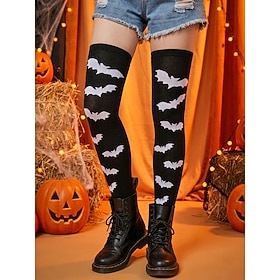 Women's Halloween Knee High Socks, Polyester Breathable Lightweight Bat Skull Pattern Stockings, Gothic Costume Accessories for Women, Perfect for Halloween Pa