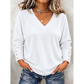 Women's Hoodies Buttons Solid Color Vacation Daily Stylish Long Sleeve V Neck Regular Tops Casual Blue White Black Red Summer Fall Winter