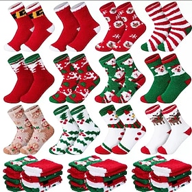 5/10 Pairs Christmas Fuzzy Socks, Cute Colorful Santa Claus Winter Socks with Festive Holiday Patterns, Soft Warm Cozy Crew Socks for Women, Christmas Party, S