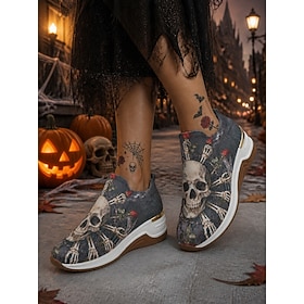 Women's Gray Halloween Wedge Sneakers - Skull Print Slip-On Sneakers With Flora…