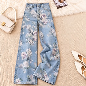 Women's Demin Cotton Blend Wide Leg Jeans Vacation Vintage Basic Full Length High Waist Floral Graphic Comfy Comfort Comfortable Inelastic Casual Daily Wear Li