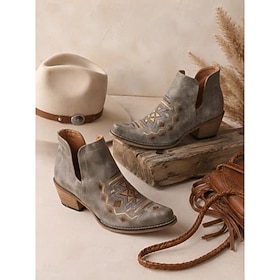 Women's Gray Side Cutout Western Ankle Boots - Geometric Embroidered Cowgirl Booties with Stacked Block Heel for Country, Festival, Travel Daily Wear
