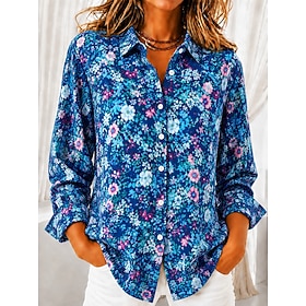 Women's Shirt Blouse Patchwork Buttons Print Ombre Floral Graphic Bohemia Vacation Vintage Long Sleeve Shirt Collar Regular Tops Casual Daily Blue Black Dark B