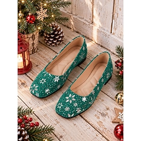 Women's Christmas Snowflake Print Ballet Flats, Elegant Festive Casual Square T…