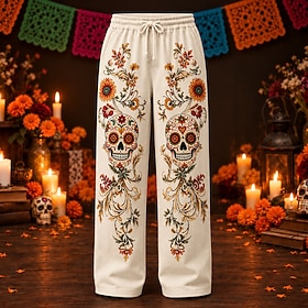 Men's Skull Day of the Dead Casual Pants Mid Waist Casual Casual Outdoor Holiday Straight Leg Trousers Summer Spring Fall Graphic Print Red Green almond