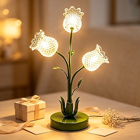 Glass Flower Table Lamp, Lily of The Valley  Tulip Bedside Lamps, USB Powered Touch Control Dimmable Desk Lamp for Nightstands Home Decor, Soft Night Light for
