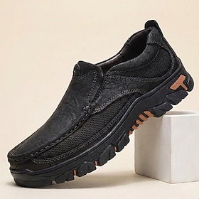 Men's Black Slip-On Walking Shoes, Rugged Moc-Toe Non-Slip Casual Shoes For Mat…