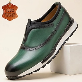 Men's Genuine Leather Slip-On Shoes, Green Brogue Walking Shoes With Elastic Pa…