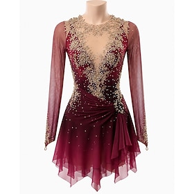Figure Skating Dress Women's Ice Skating Dress Burgundy Patchwork Open Back Str…