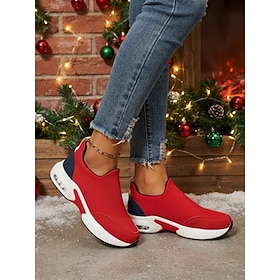 Women's Christmas Red Slip-On Casual Sneakers With Color Block Design, Comfort …