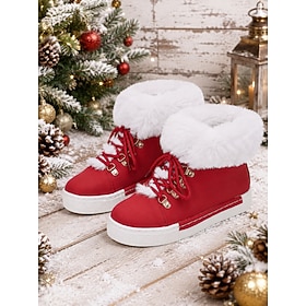 Women's Christmas Red Fur-Lined Ankle Boots, Warm Lace-Up Winter Booties With P…