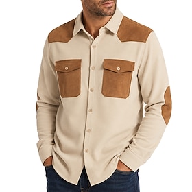 Men's Shirt Casual Shirt Vintage Shirt Button Up Shirt Cargo Shirt Waffle Knit Shirt Black khaki Long Sleeve Color Block Lapel Casual Daily Patchwork Clothing