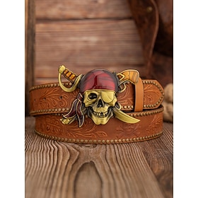 Men's Faux Leather And Alloy Vintage Pirate Skull Belt, Gothic Eyepatch Skeleto…