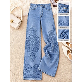 Women's Demin Cotton Blend Wide Leg Jeans Chinos Vacation Vintage Basic Full Length High Waist Floral Graphic Geometric Print Inelastic Daily Daily Wear Blue