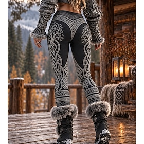 Women's Viking Leggings Vacation Vintage Basic Full Length Floral Graphic Animal Print Front Pocket Comfy Warm Comfortable Stretchy Casual Outdoor Vacation Bla