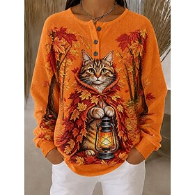 Halloween Women's Waffle Textured Pullover Sweatshirt Geometric Basic Casual Print Long Sleeve Crew Neck Regular Tops Casual Street Dailywear White Black Orang