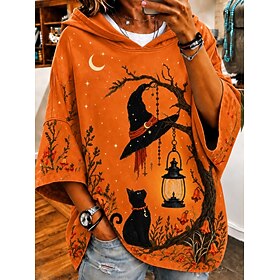 Halloween Women's Pullover Hoodie Sweatshirt Print Graphic Casual 3/4 Length Sleeve Hooded Long Tops Casual Street Dailywear Purple Fall Winter