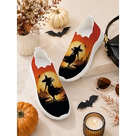 Women's Halloween Slip On Sneakers, Flyknit Walking Shoes With Witch Silhouette…