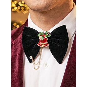 Men's Black Velvet Christmas Bow Tie, Polyester Pointed Bow Tie with Festive Deer Bell Candy Brooch for Christmas Party, Holiday Dinner, Banquet, Wedding, Stag