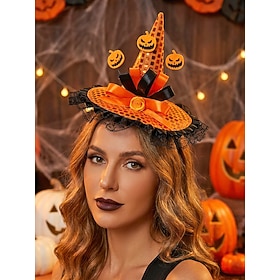 Women's Halloween Pumpkin Witch Headband, Polyester Pumpkin Hat Hair Hoop with Lace Trim and Bow Detail, Cute Costume Accessory for Women, Perfect for Hallowee