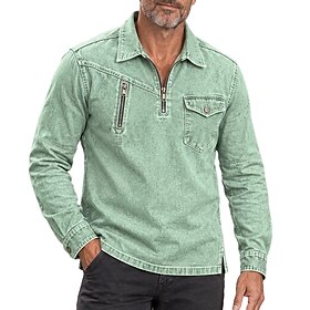 Men's Washed Shirt Cotton Polo Shirt Casual Vacation Pullover Quarter Zip Long …