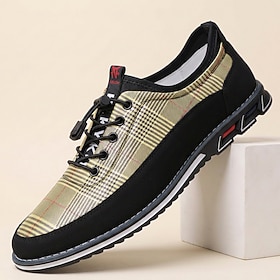 Men's Khaki Plaid Casual Shoes, Lace-Up Walking Shoes With Contrast Panels And …