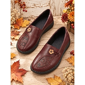 Women's Floral Comfort Flats - Vintage Embossed Flower Slip-On Shoes with Button Comfort Sole, Retro Boho Casual Walking Flats for Countryside Walks, Travel