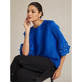 Women's Blouse Dressy Tops Pleated Embellished Elegant Stylish 3/4 Length Sleeve Crew Neck Regular Tops Casual Daily Evening Party Royal Blue Spring Fall