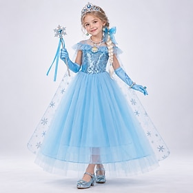 Frozen Fairytale Princess Elsa Flower Girl Dress Theme Party Costume Tulle Dresses Girls' Movie Cosplay Halloween Blue With Accessories Dress Carnival Masquera