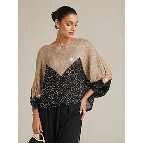 Women's Pullover Sweater Jumper Daily Casual Color Block Boat Neck Sequins Long Sleeve Regular Tops Knit Daily Khaki Fall