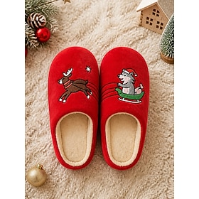 Pantuflas navideñas rojas para mujer - renos Pantuflas de felpa con bordado de lobo navideño y puntera cerrada, con suela silenciosa, ideales para usar en casa