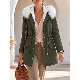 Women's Winter Coat Warm Drawstring Fur Collar Casual Casual Daily Home Outdoor Regular Hooded Long Sleeve Outerwear Navy Khaki Black Winter