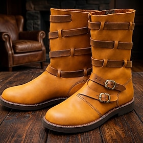 Men's Vintage Buckle Boots, Casual Leather Style Ankle Boots with Multi Strap Design, Classic Outdoor Boots for Autumn Winter, Travel and Everyday Wear