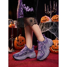 Women's Purple Halloween Sneakers - Rhinestone Lace-Up Sneakers With Chunky Pla…