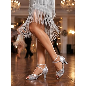 Women's Latin Dance Shoes Silver Glitter PU Leather Open-Toe Heels with Cross Straps, Adjustable Ankle Buckle  Low Flared Heel for Salsa, Bachata, Practice  Pe