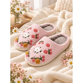 Pantuflas de casa de felpa rosa con bordado floral para mujer, con forro acogedor, ideales para relajarse en casa, para el dormitorio, para mayor comodidad en