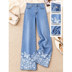 Pantalones vaqueros chinos de pierna ancha de mezcla de algodón y mezclilla para mujer, estilo vacaciones, vintage, básicos, largos, cintura alta, estampado fl
