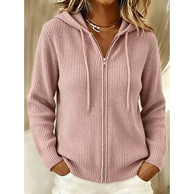 Women's Cardigan Sweater Streetwear Casual Solid Color Hooded Zipper Hooded Long Sleeve Regular Tops Knit Outdoor Formal off white Sky Blue Fall Winter