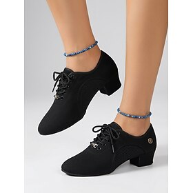 Women's Latin Dance Shoes Black Lace Up Low Heel Ballroom Shoes with Mesh Detail for Salsa Tango Practice Performance Dancing