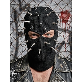 Men's Polyester Knit Studded Balaclava Hat, Black Gray White Full Face Ski Mask with Metal Spike Details, Punk Gothic Headwear for Halloween, Cosplay, Streetwe