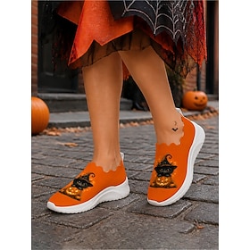Women's Halloween Slip-On Sneaking Shoes - Orange Flyknit Walking Sneakers With…