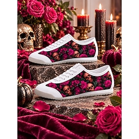 Women's Halloween Lace Up Sneakers, Low Top Flat Shoes With Skull And Rose Flor…