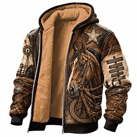 Men's Horse Western Landscape Fleece Hoodie Jacket Classic Hunting Hooded Outdoor Brown Zip Up Fall Winter Designer S M L XL 2XL 3XL