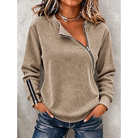 Women's Quarter-zip Sweatshirt Denim Hoodie Denim Shirt Cotton Patchwork Plain Vintage Fashion Stylish Long Sleeve Lapel Regular Tops Casual Beach Blue Khaki G