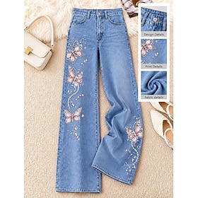 Women's Demin Cotton Blend Wide Leg Jeans Chinos Vacation Vintage Basic Full Length High Waist Floral Graphic Geometric Print Inelastic Daily Daily Wear Blue S