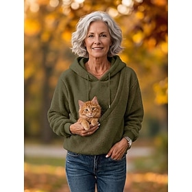 Women's Pet Carrier Hoodie Pet Pouch Hoodie Fleece Drawstring Patchwork Pocket Plain Casual Long Sleeve Hooded Regular Tops Casual milky Black Pink Sky Blue Gr